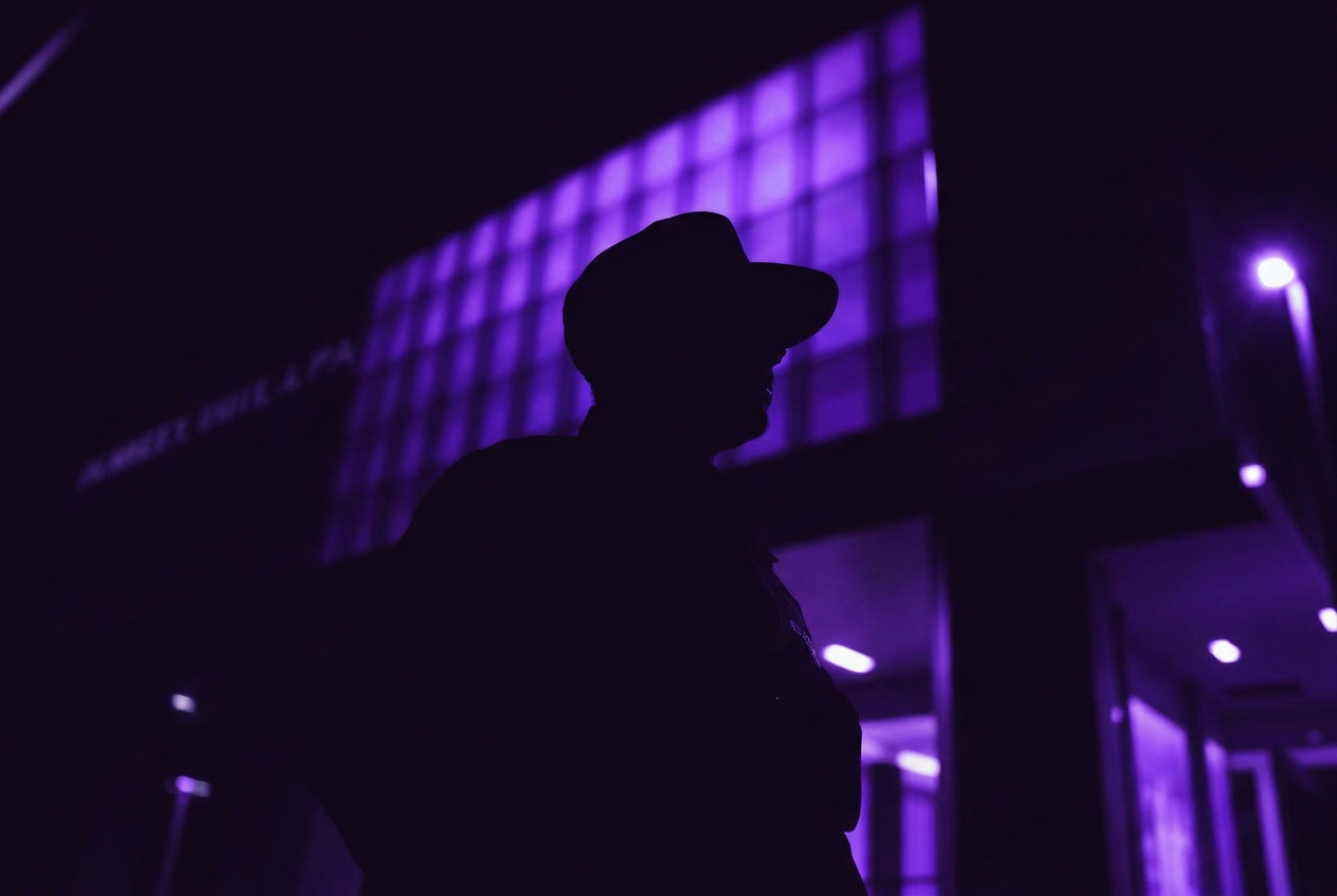 Security officer standing post outside a commercial building at night
